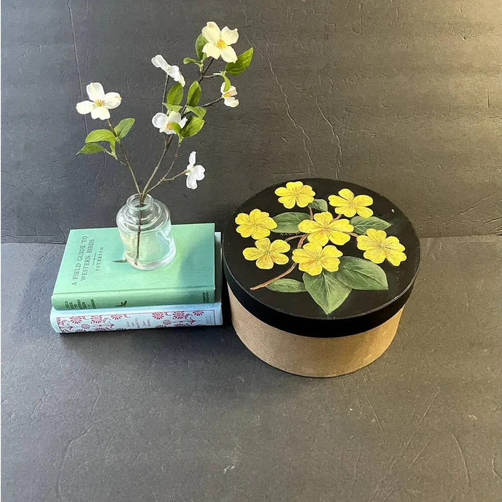 Vintage Hand Painted Cylinder Box Cardboard